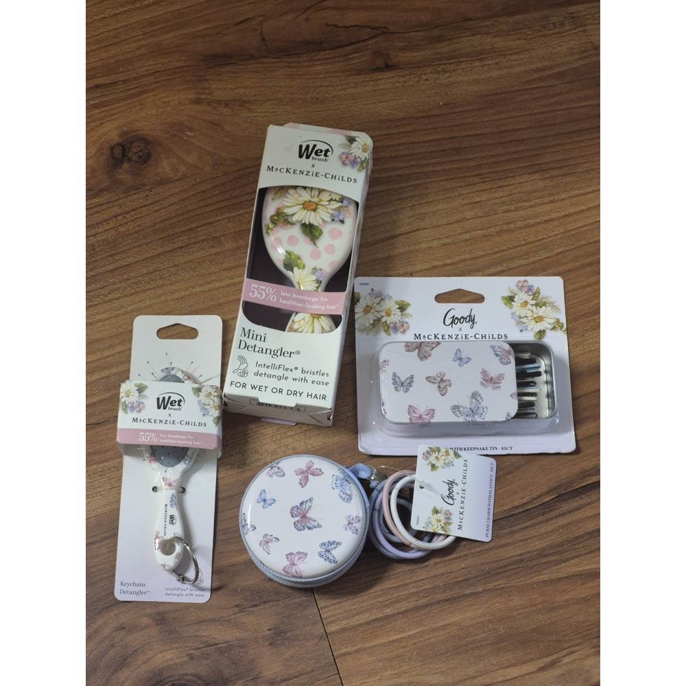 4 MacKenzie Childs X Wet Brush Keychain Detangler Brush Hair Tie Pouch Bobby Pin